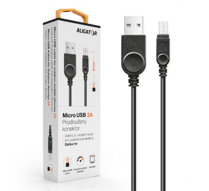 Datový kabel ALIGATOR pro outdoorové telefony, microUSB 2A, černý, krabička
