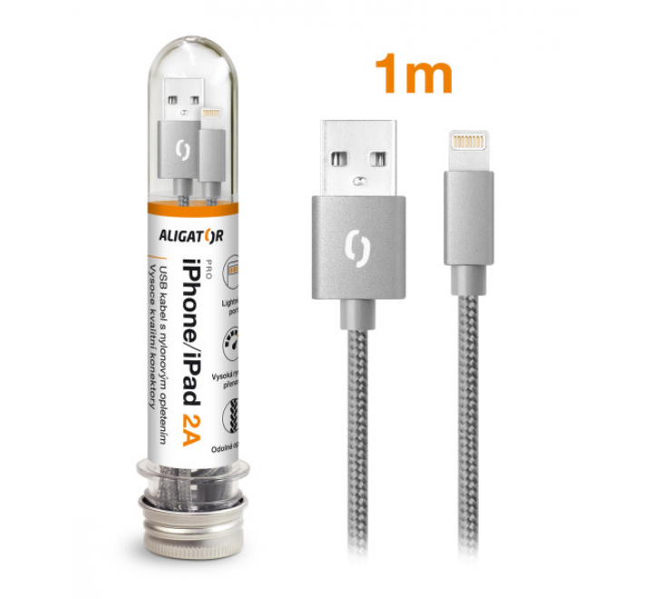 Datový kabel ALIGATOR TUBA 2A, iPhone lightning šedý