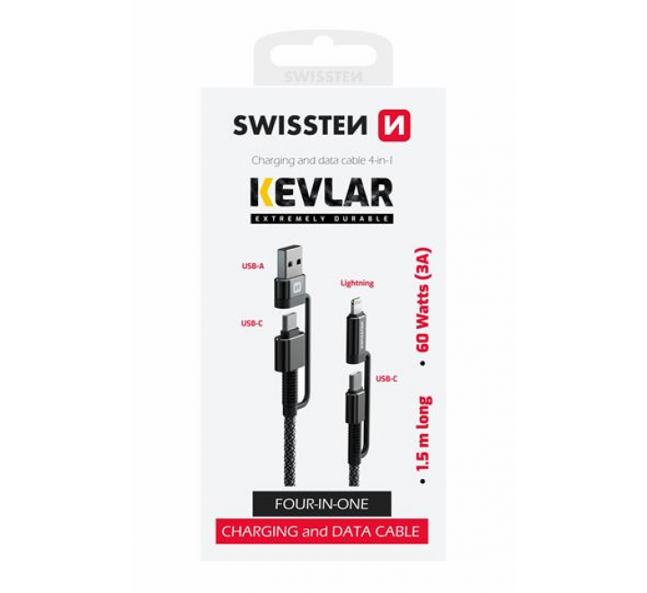 DATOVÝ KABEL SWISSTEN KEVLAR 4in1 3A 1,5 M ANTRACIT