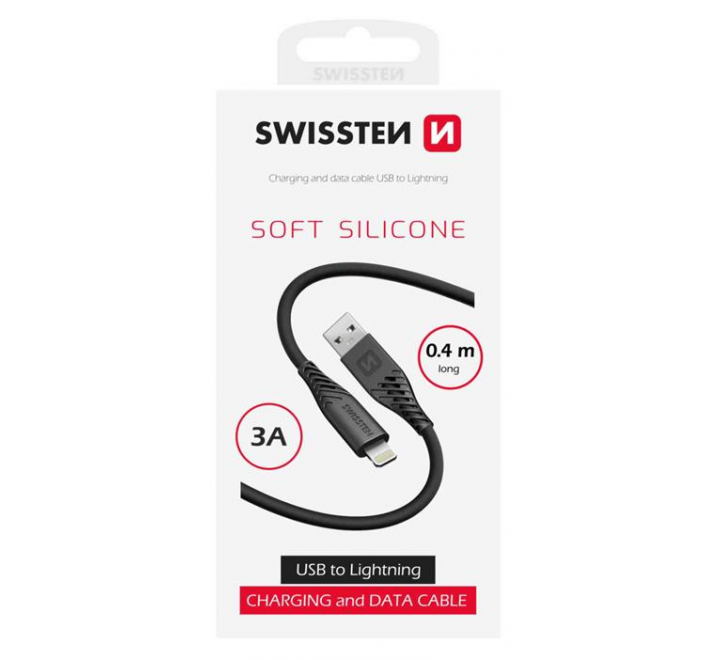 DATOVÝ KABEL SWISSTEN SOFT SILICONE USB-A / LIGHTNING 0,4 M ČERNÝ