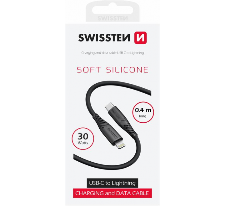 DATOVÝ KABEL SWISSTEN SOFT SILICONE USB-C / LIGHTNING 0,4 M ČERNÝ