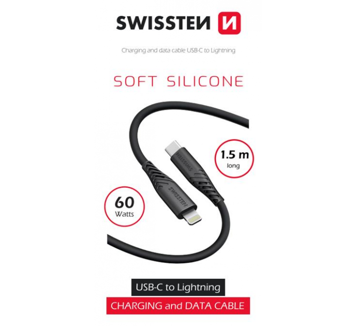 DATOVÝ KABEL SWISSTEN SOFT SILICONE USB-C / LIGHTNING 1,5 M 60W ČERNÝ