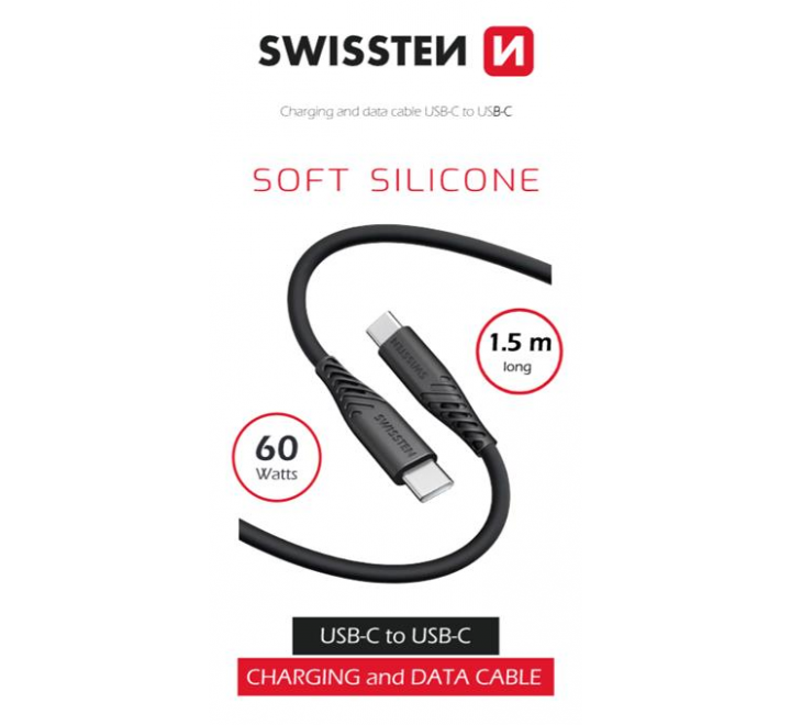 DATOVÝ KABEL SWISSTEN SOFT SILICONE USB-C / USB-C 1,5 M 60W ČERNÝ
