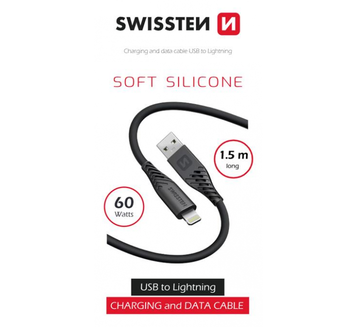 DATOVÝ KABEL SWISSTEN SOFT SILICONE USB / LIGHTNING 1,5 M 60W ČERNÝ