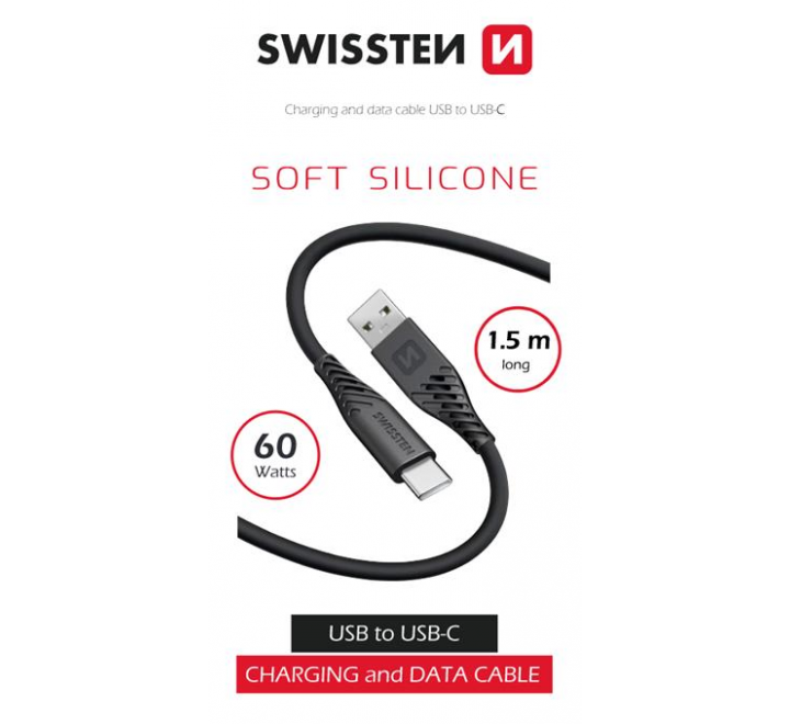 DATOVÝ KABEL SWISSTEN SOFT SILICONE USB / USB-C 1,5 M 60W ČERNÝ