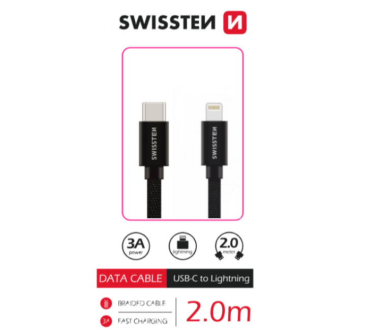 DATOVÝ KABEL SWISSTEN TEXTILE USB-C / LIGHTNING 2,0 M ČERNÝ
