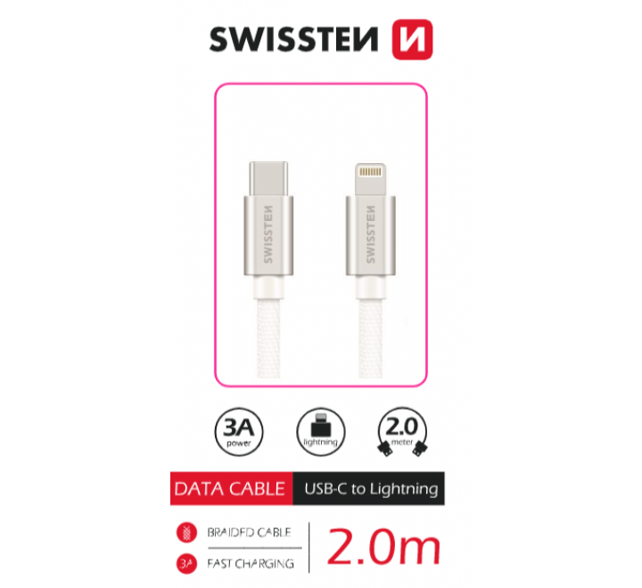 DATOVÝ KABEL SWISSTEN TEXTILE USB-C / LIGHTNING 2,0 M STŘÍBRNÝ