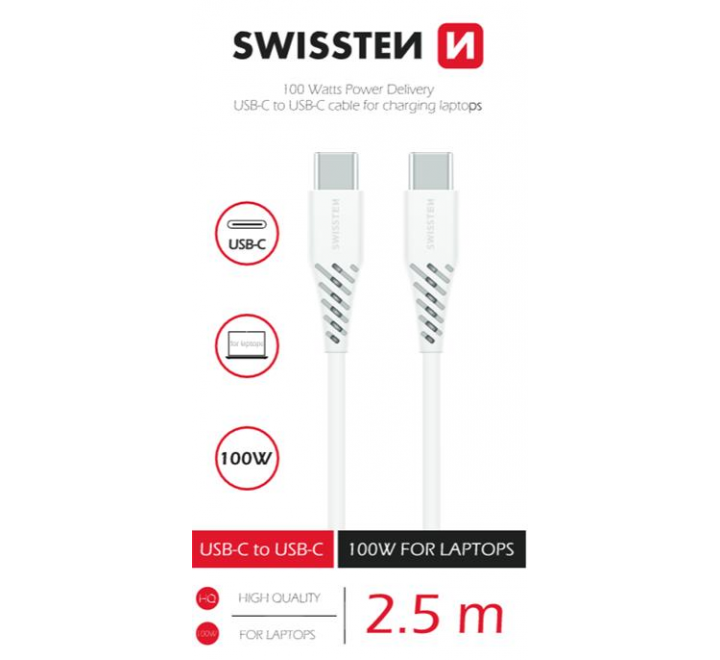 DATOVÝ KABEL SWISSTEN TPE USB-C/USB-C POWER DELIVERY 5A (100W) 2,5 M BÍLÝ