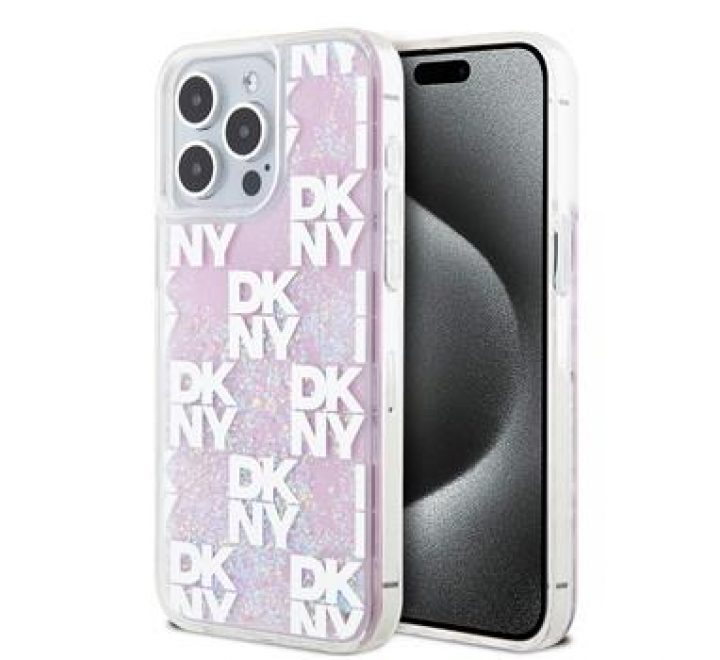 DKNY Liquid Glitter Checkered Pattern Zadní Kryt pro iPhone 15 Pro Max Pink