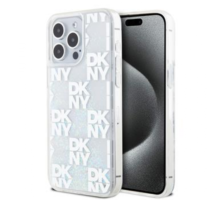 DKNY Liquid Glitter Checkered Pattern Zadní Kryt pro iPhone 15 Pro Max Transparent