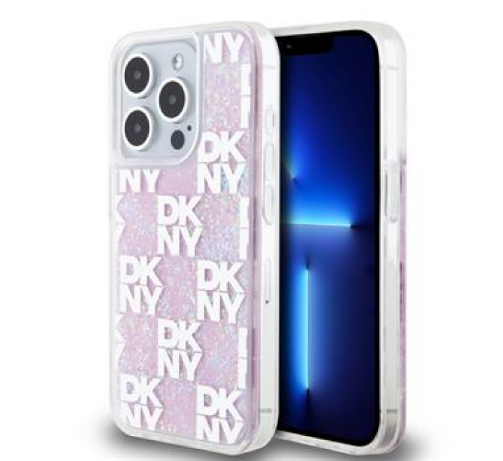 DKNY Liquid Glitter Checkered Pattern Zadní Kryt pro iPhone 15 Pro Pink