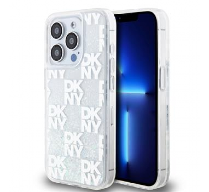 DKNY Liquid Glitter Checkered Pattern Zadní Kryt pro iPhone 15 Pro Transparent