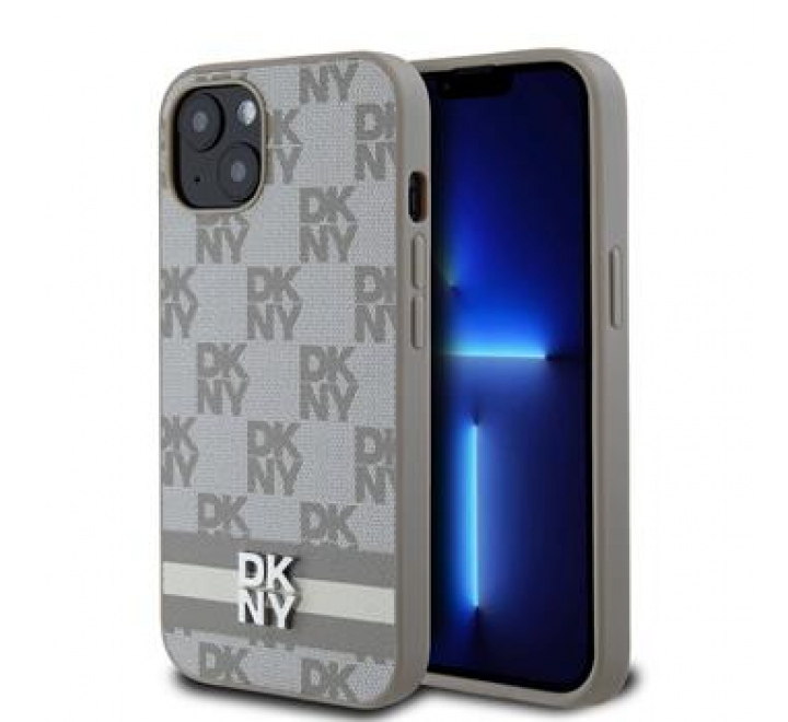 DKNY PU Leather Checkered Pattern and Stripe Zadní Kryt pro iPhone 13 Beige
