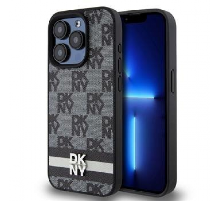 DKNY PU Leather Checkered Pattern and Stripe Zadní Kryt pro iPhone 13 Pro Max Black