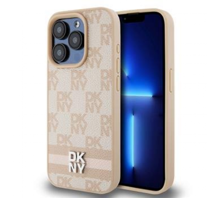 DKNY PU Leather Checkered Pattern and Stripe Zadní Kryt pro iPhone 13 Pro Max Pink