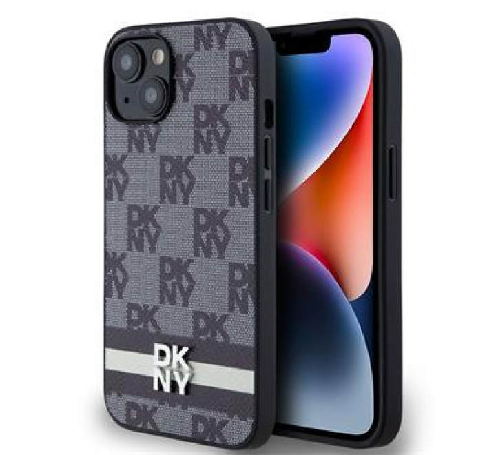 DKNY PU Leather Checkered Pattern and Stripe Zadní Kryt pro iPhone 14 Black