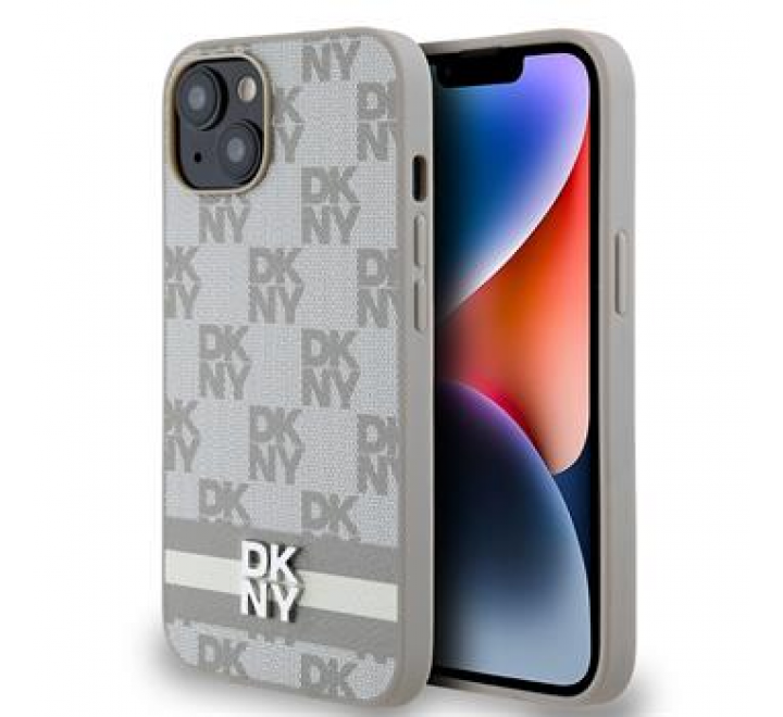 DKNY PU Leather Checkered Pattern and Stripe Zadní Kryt pro iPhone 15 Beige
