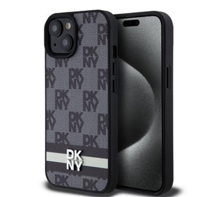 DKNY PU Leather Checkered Pattern and Stripe Zadní Kryt pro iPhone 15 Black