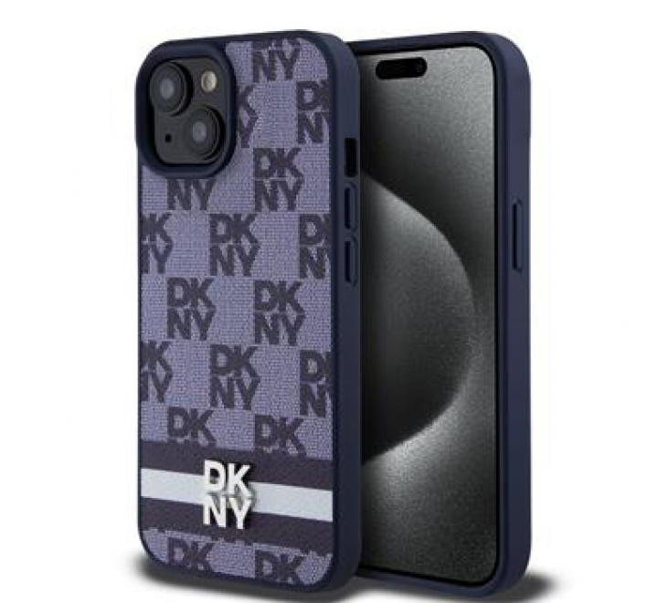 DKNY PU Leather Checkered Pattern and Stripe Zadní Kryt pro iPhone 15 Blue