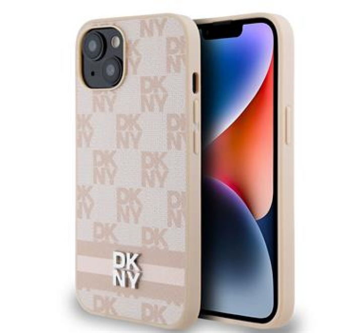 DKNY PU Leather Checkered Pattern and Stripe Zadní Kryt pro iPhone 15 Pink