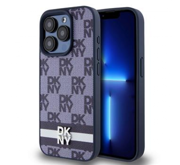 DKNY PU Leather Checkered Pattern and Stripe Zadní Kryt pro iPhone 15 Pro Blue