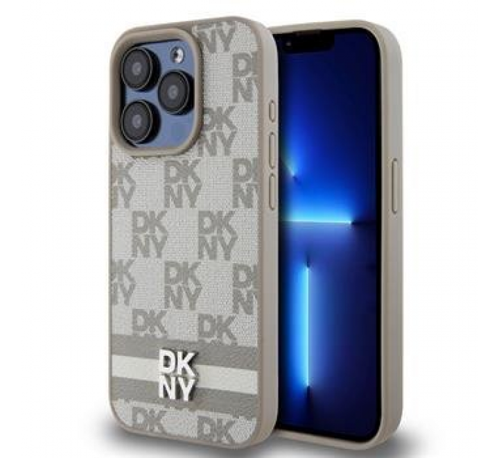 DKNY PU Leather Checkered Pattern and Stripe Zadní Kryt pro iPhone 15 Pro Max Beige