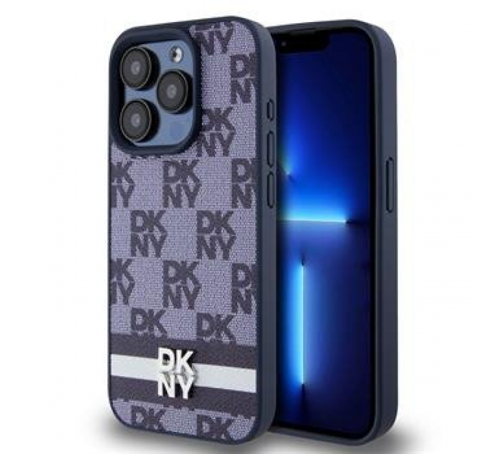 DKNY PU Leather Checkered Pattern and Stripe Zadní Kryt pro iPhone 15 Pro Max Blue