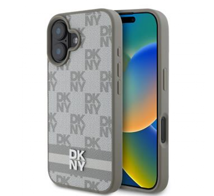 DKNY PU Leather Checkered Pattern and Stripe Zadní Kryt pro iPhone 16 Beige