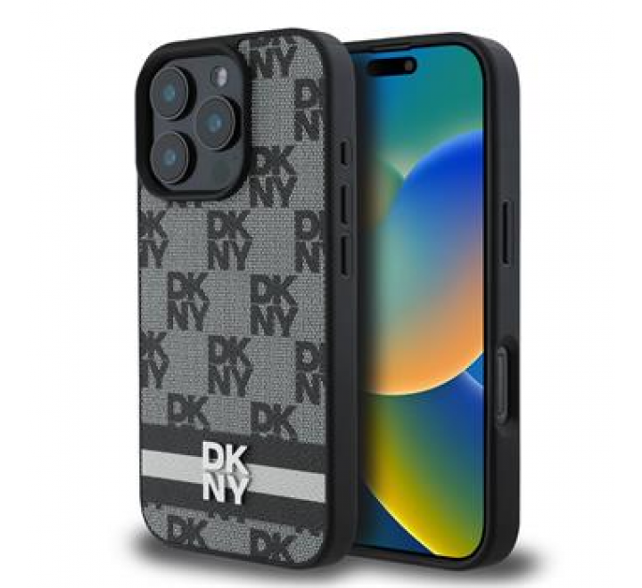 DKNY PU Leather Checkered Pattern and Stripe Zadní Kryt pro iPhone 16 Pro Black