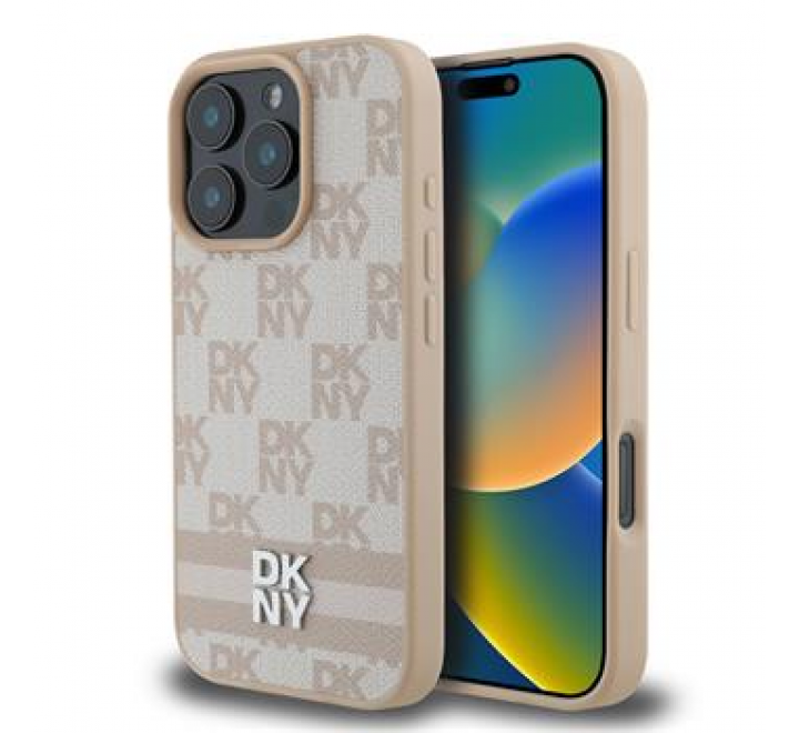 DKNY PU Leather Checkered Pattern and Stripe Zadní Kryt pro iPhone 16 Pro Pink