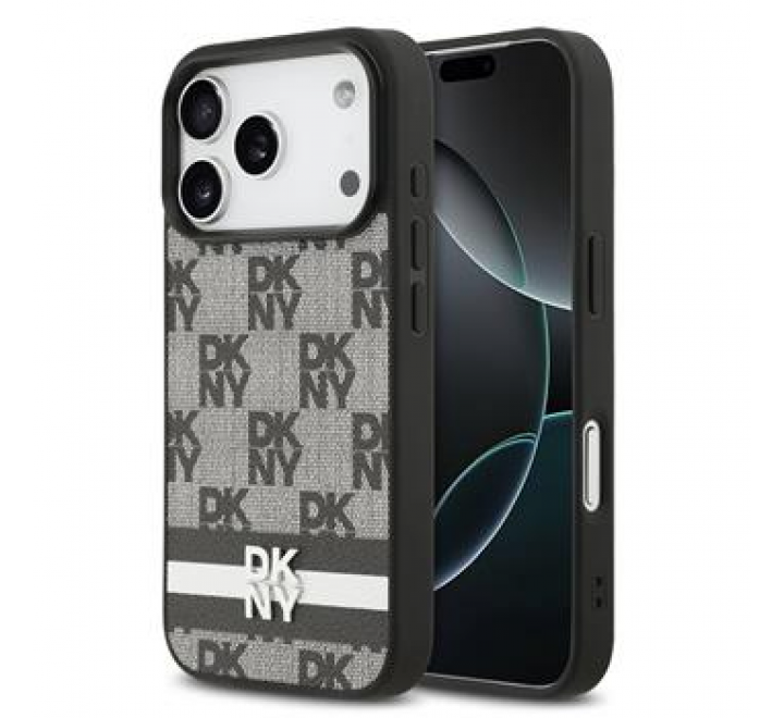 DKNY PU Leather Checkered Pattern and Stripe Zadní Kryt pro iPhone 17 Pro Black