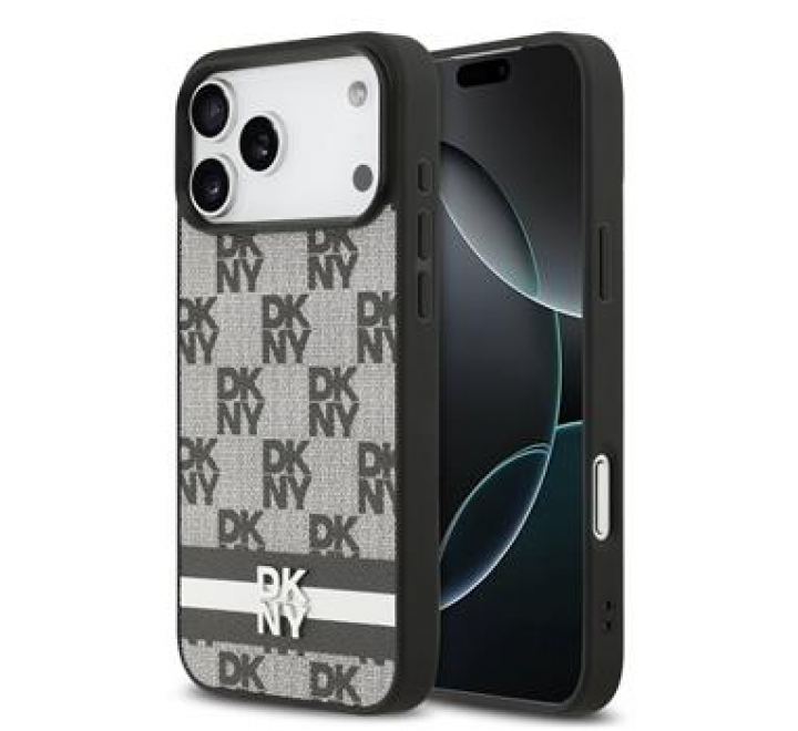 DKNY PU Leather Checkered Pattern and Stripe Zadní Kryt pro iPhone 17 Pro Max Black