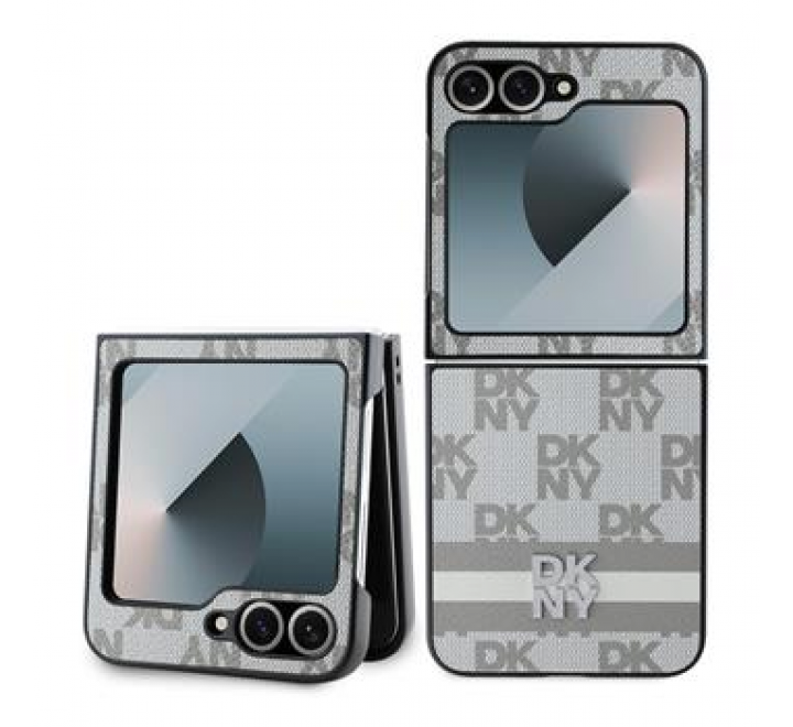 DKNY PU Leather Checkered Pattern and Stripe Zadní Kryt pro Samsung Galaxy Z Flip 6 Beige