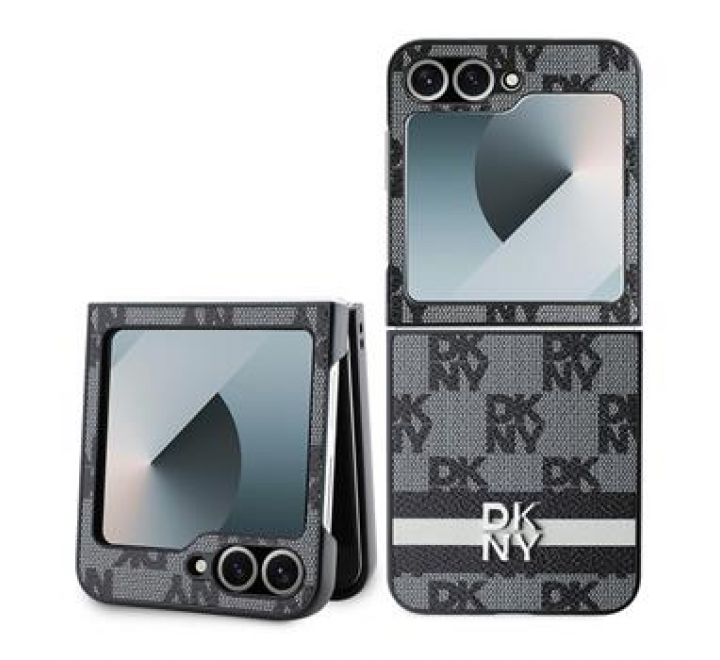 DKNY PU Leather Checkered Pattern and Stripe Zadní Kryt pro Samsung Galaxy Z Flip 6 Black