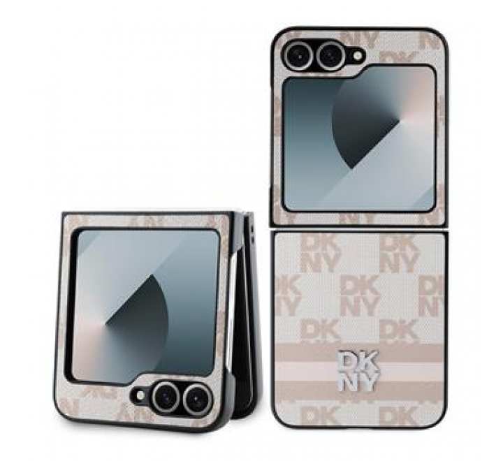 DKNY PU Leather Checkered Pattern and Stripe Zadní Kryt pro Samsung Galaxy Z Flip 6 Pink