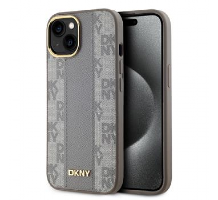 DKNY PU Leather Checkered Pattern Magsafe Zadní Kryt pro iPhone 15 Beige