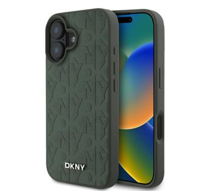 DKNY PU Leather Grid Pattern Magsafe Zadní Kryt pro iPhone 16 Green