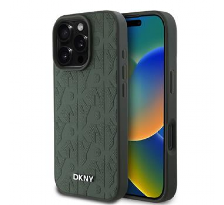 DKNY PU Leather Grid Pattern Magsafe Zadní Kryt pro iPhone 16 Pro Green