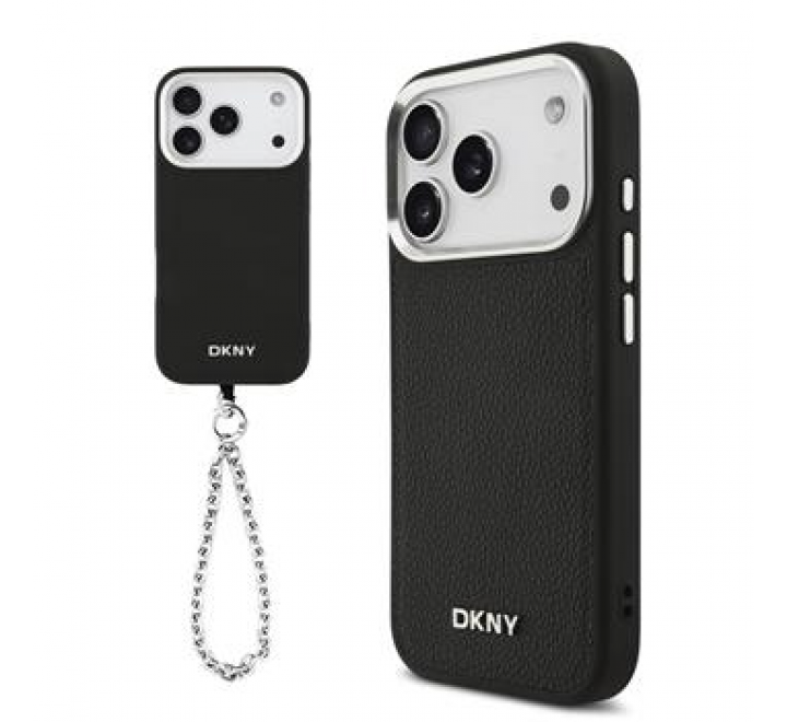 DKNY PU Leather Metal Logo Wrist Chain MagSafe Zadní Kryt pro iPhone 17 Pro Black