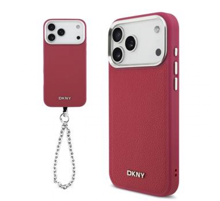 DKNY PU Leather Metal Logo Wrist Chain MagSafe Zadní Kryt pro iPhone 17 Pro Max Pink