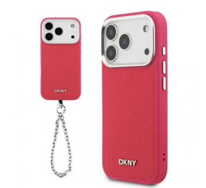 DKNY PU Leather Metal Logo Wrist Chain MagSafe Zadní Kryt pro iPhone 17 Pro Pink