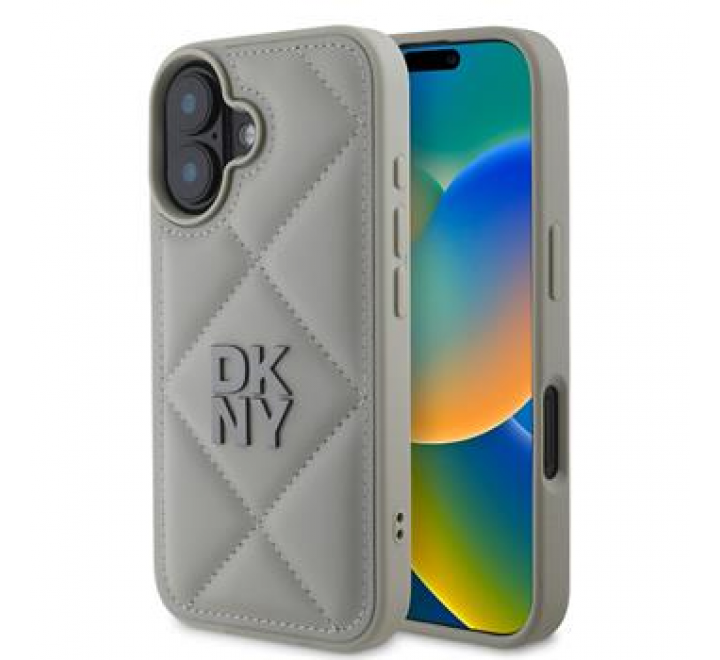 DKNY PU Leather Quilted Stack Logo Zadní Kryt pro iPhone 16 Plus Grey