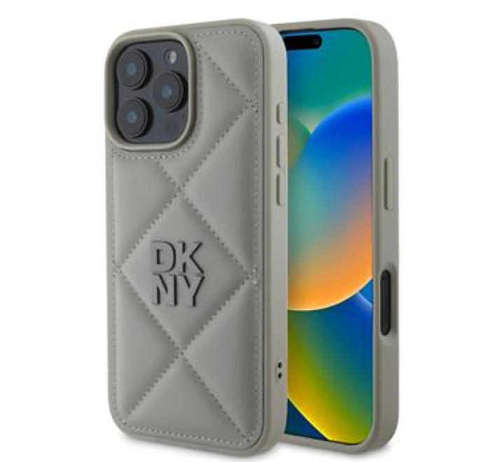 DKNY PU Leather Quilted Stack Logo Zadní Kryt pro iPhone 16 Pro Grey