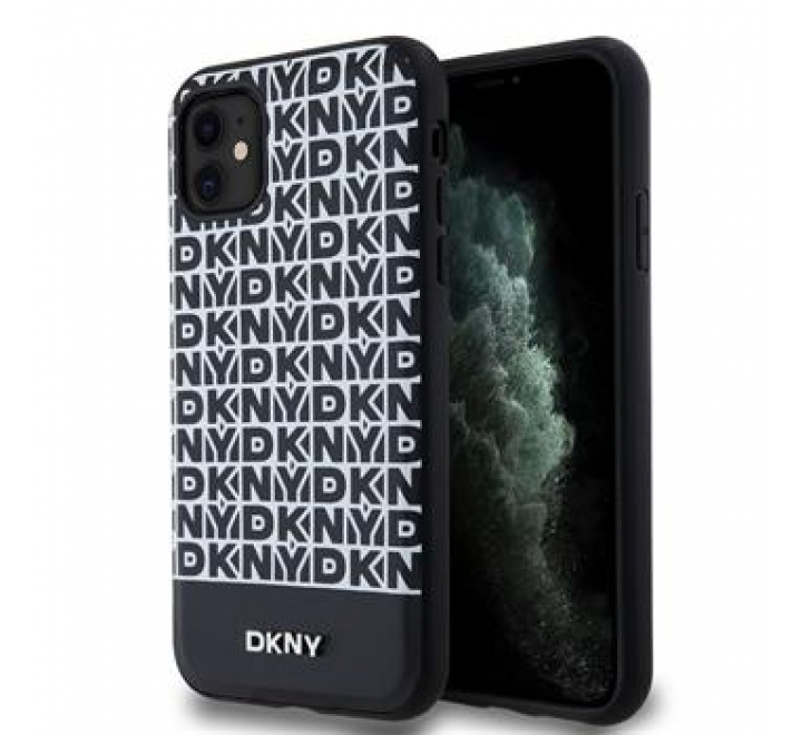 DKNY PU Leather Repeat Pattern Bottom Stripe MagSafe Zadní Kryt pro iPhone 11 Black