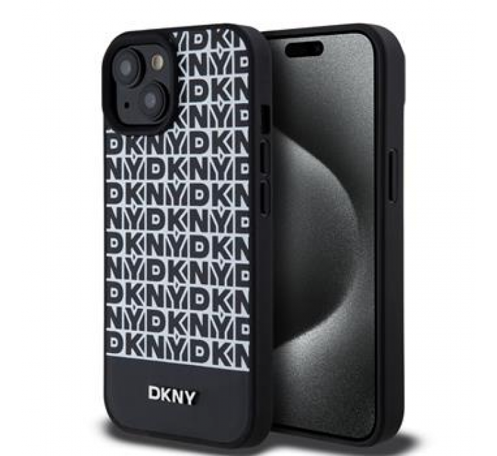 DKNY PU Leather Repeat Pattern Bottom Stripe MagSafe Zadní Kryt pro iPhone 15 Black