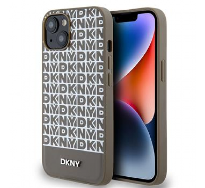 DKNY PU Leather Repeat Pattern Bottom Stripe MagSafe Zadní Kryt pro iPhone 15 Brown