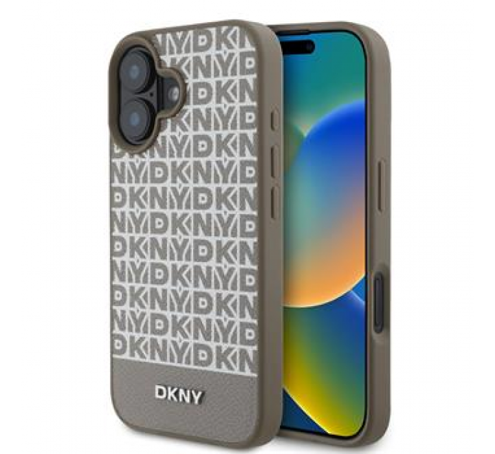 DKNY PU Leather Repeat Pattern Bottom Stripe MagSafe Zadní Kryt pro iPhone 16 Brown
