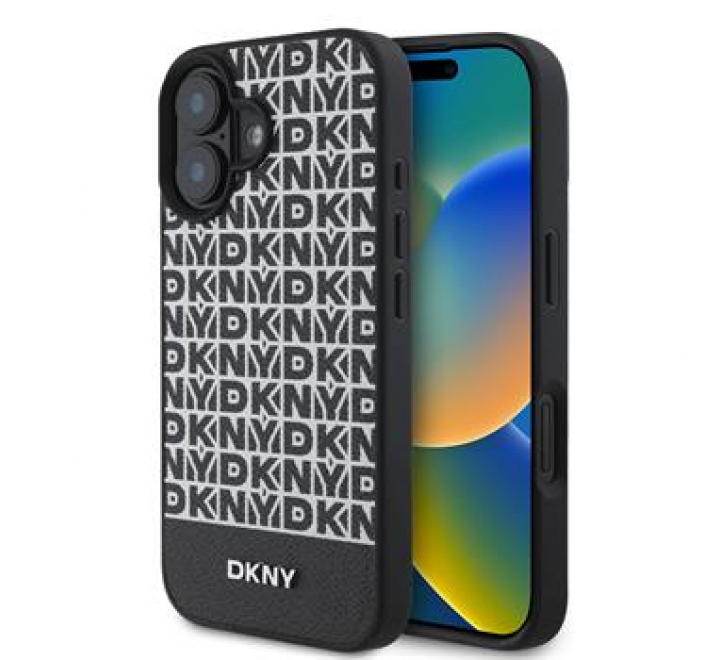 DKNY PU Leather Repeat Pattern Bottom Stripe MagSafe Zadní Kryt pro iPhone 16 Plus Black