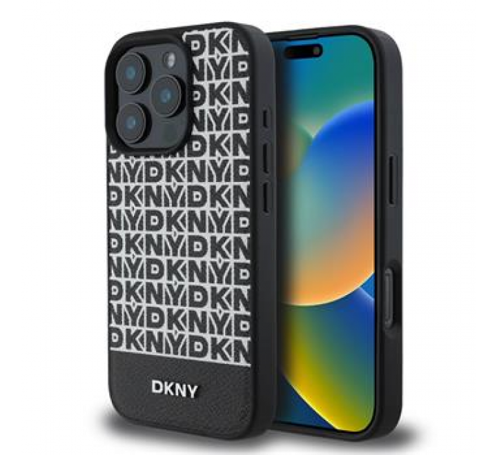 DKNY PU Leather Repeat Pattern Bottom Stripe MagSafe Zadní Kryt pro iPhone 16 Pro Max Black
