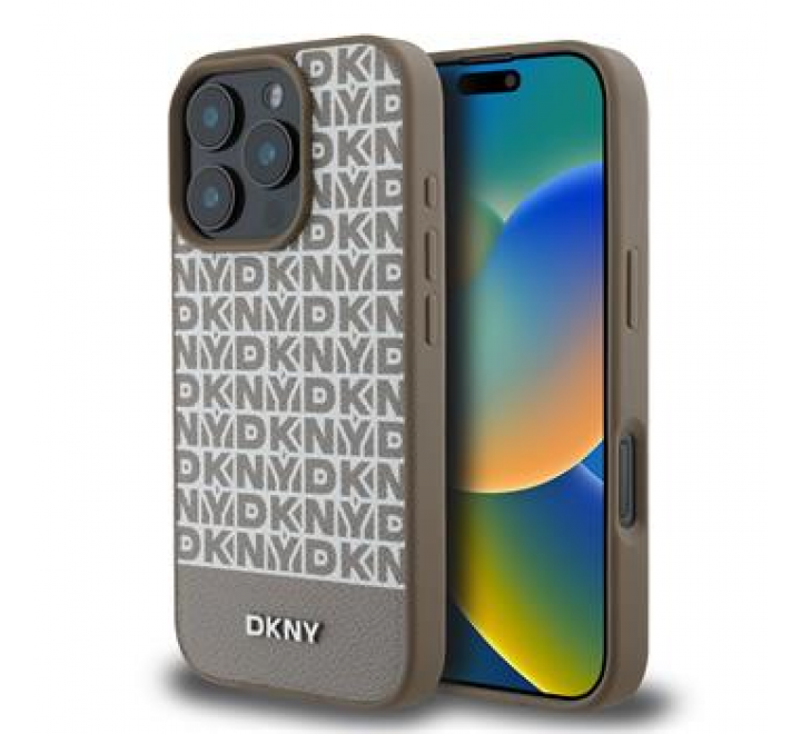 DKNY PU Leather Repeat Pattern Bottom Stripe MagSafe Zadní Kryt pro iPhone 16 Pro Max Brown